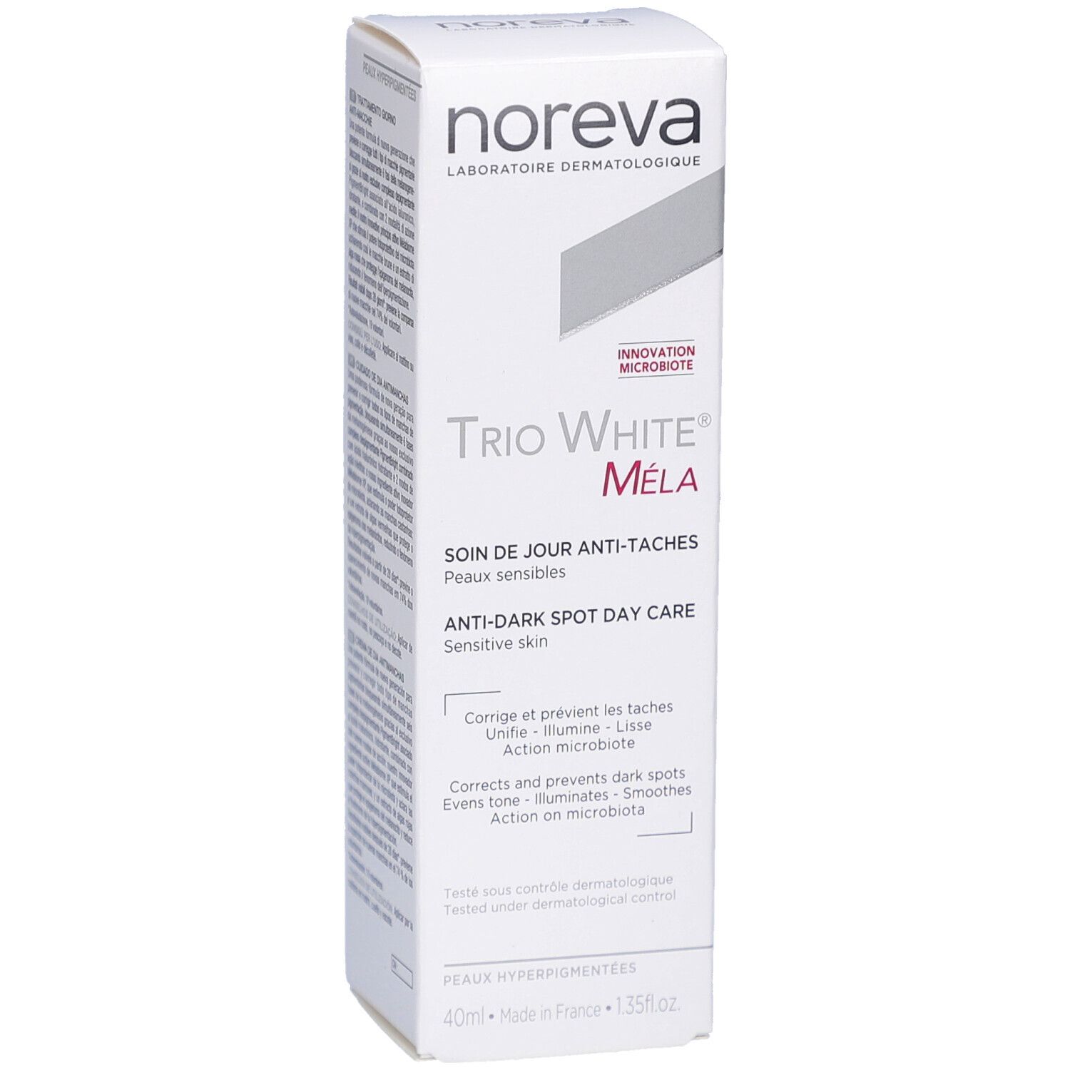 Weiße Produktverpackung mit Noreva-Logo und Trio White Méla. Text: Anti-Flecken-Tagespflege für empfindliche Haut.