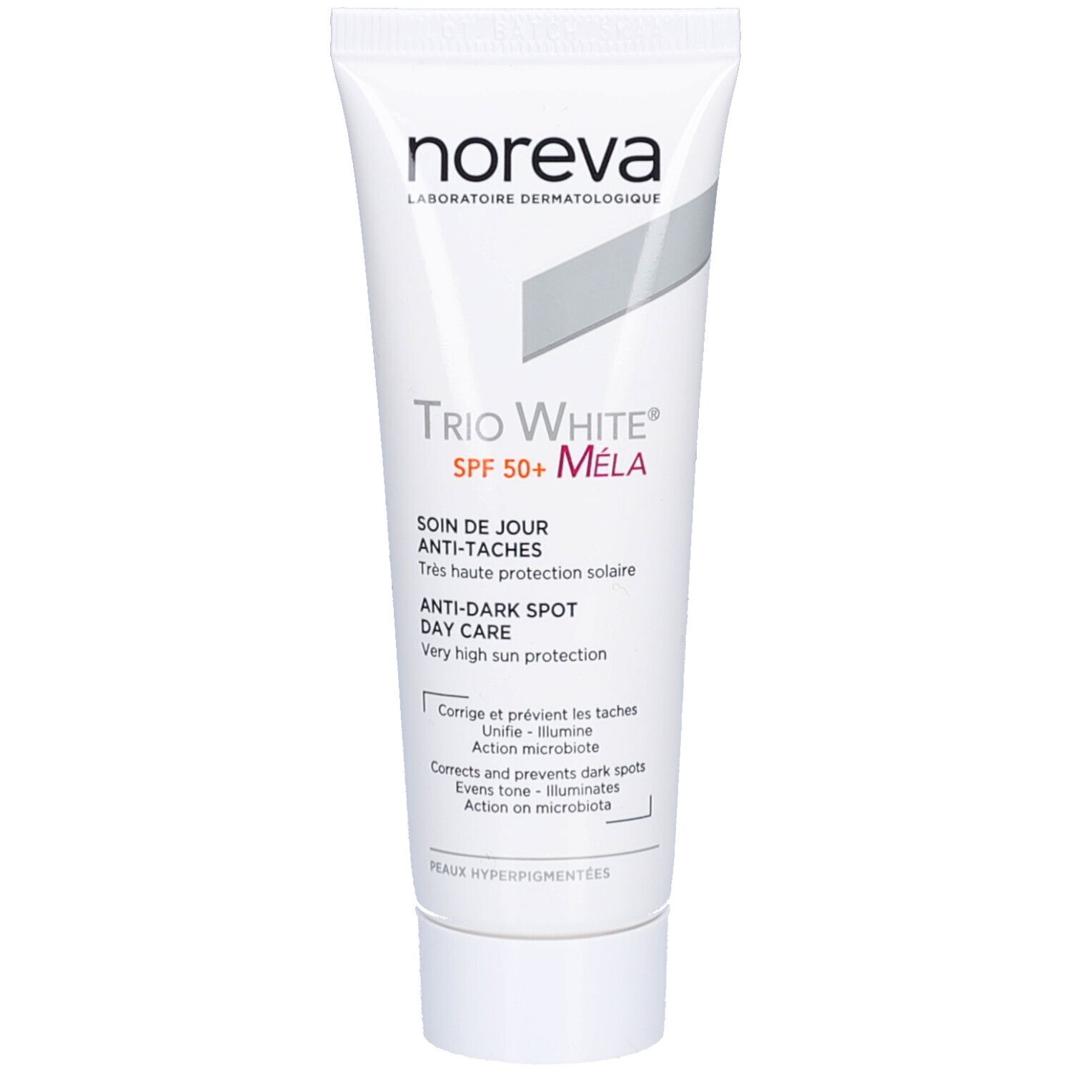Weiße Tube mit Produktaufdruck. Aufschrift: Trio White Mela SPF50+. Text in Französisch und Englisch. Marke: Noreva.