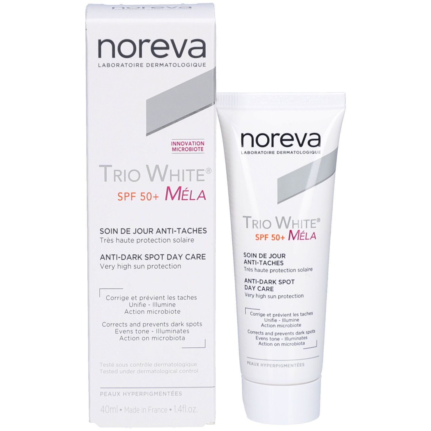 Produkt und Verpackung. Weiße Schachtel und Tube. Aufschrift: Trio White Mela SPF50+. Marke: Noreva. Text in Französisch und Englisch.