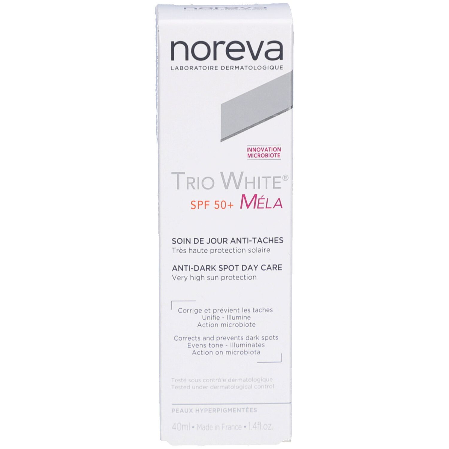 Weiße Schachtel. Aufschrift: Trio White Mela SPF50+. Text in Französisch und Englisch. Marke: Noreva.