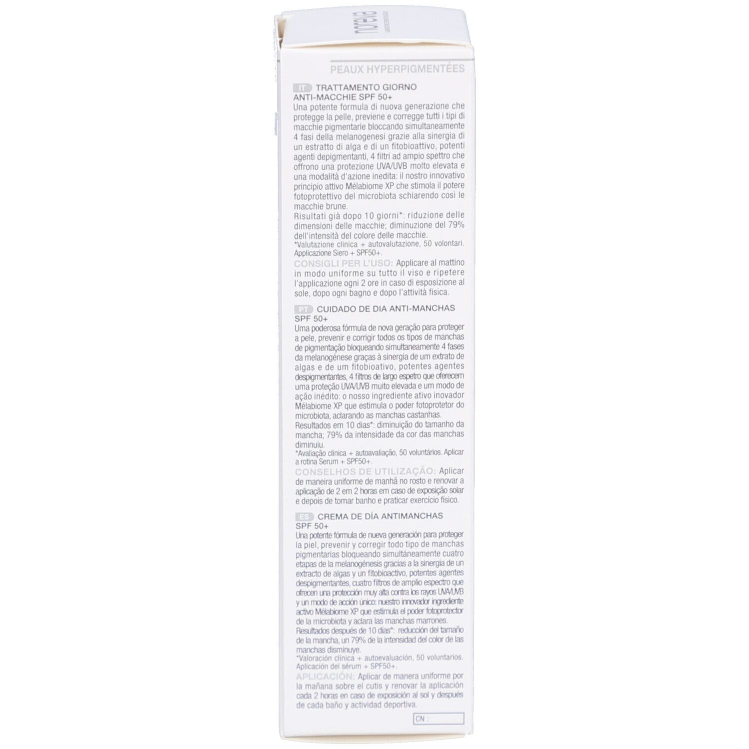 Rückseite der Schachtel. Text in mehreren Sprachen. Informationen zu Anwendung und Inhaltsstoffen. Marke: Noreva.