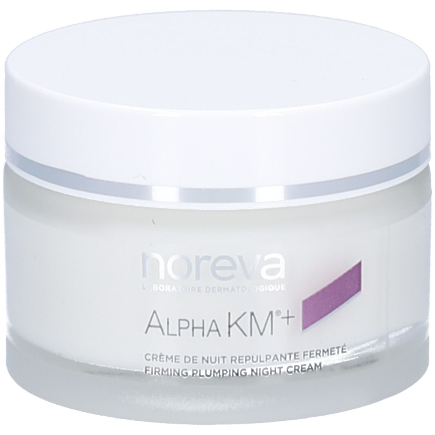Creme-Glas mit weißem Deckel. Aufschrift: Noreva, Alpha KM+, Crème de nuit repulpante fermeté. Lila Akzent.