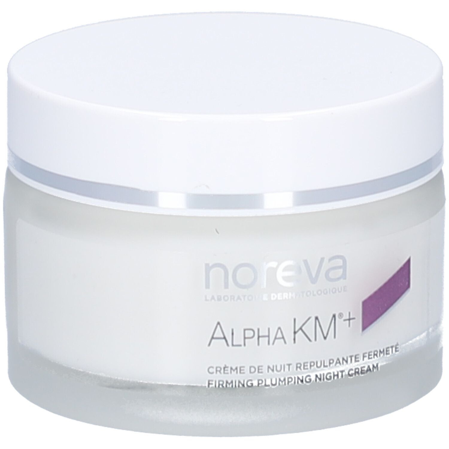 Creme-Glas mit weißem Deckel. Aufschrift: Noreva, Alpha KM+, Crème de nuit repulpante fermeté. Lila Akzent.