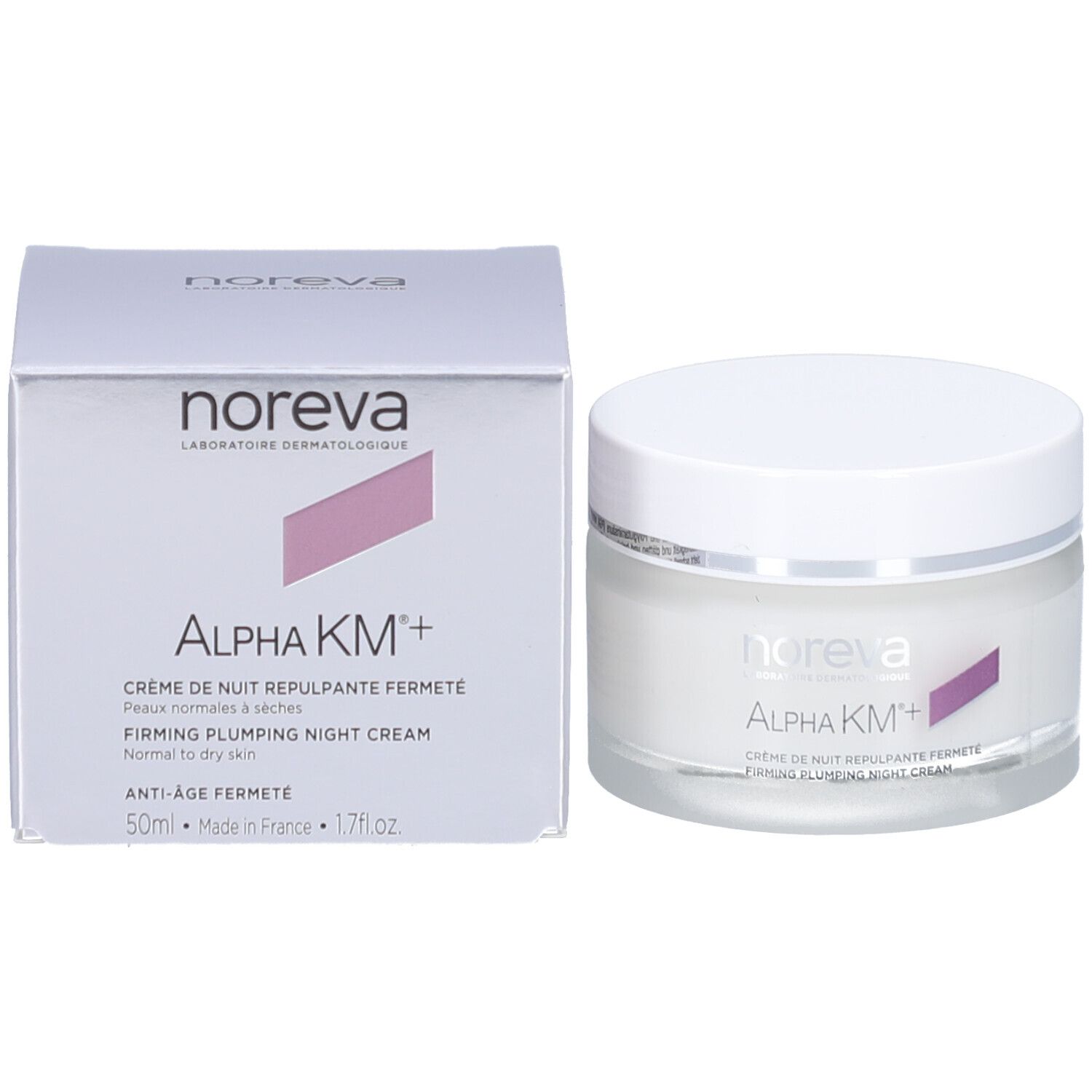 Creme-Glas und Schachtel. Aufschrift: Noreva, Alpha KM+, Crème de nuit repulpante fermeté. 50ml. Made in France.