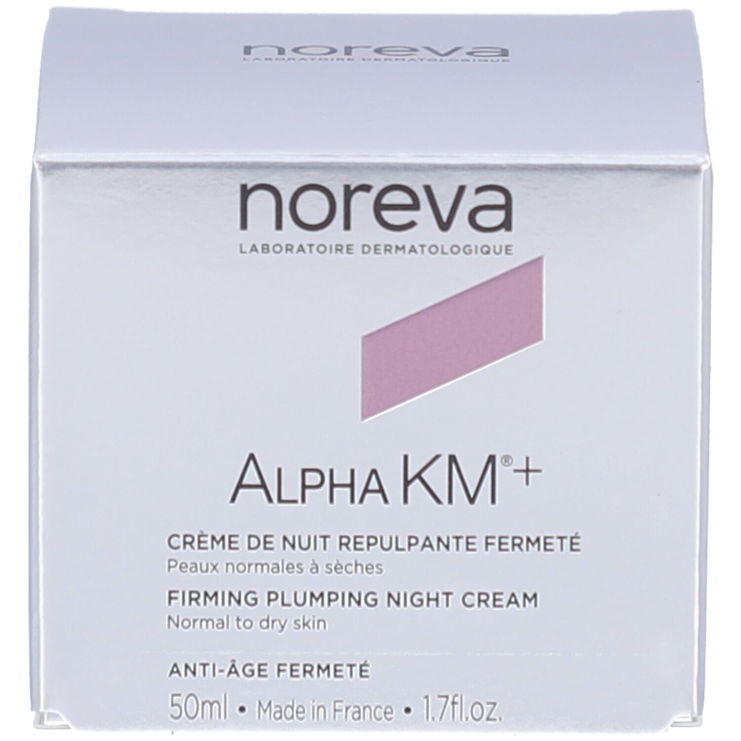 Schachtel. Aufschrift: Noreva, Alpha KM+, Crème de nuit repulpante fermeté. 50ml. Made in France. Anti-Age Fermeté.