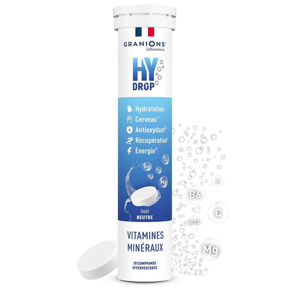 Zylinderförmige Verpackung mit „HYDROP“ und „VITAMINES MINÉRAUX“. Enthält Brausetabletten. Französische Flagge.