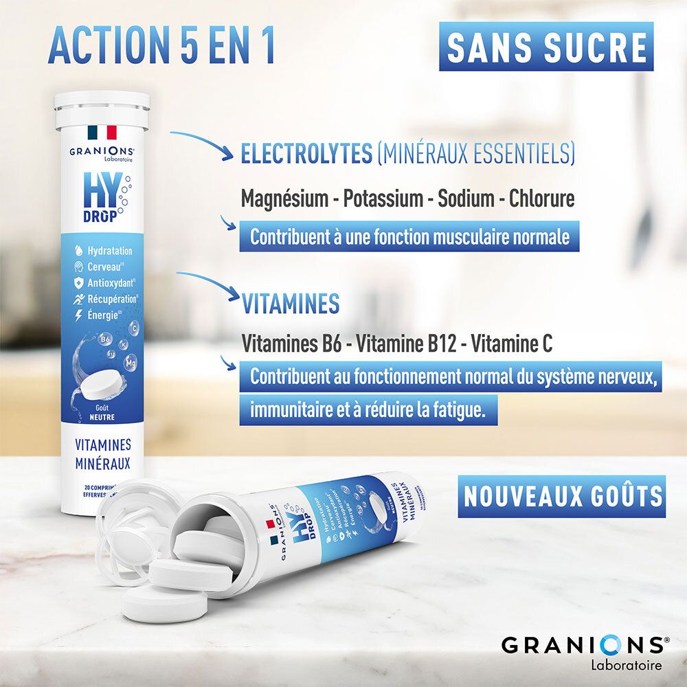 Produktverpackung mit Text über Elektrolyte, Vitamine und Inhaltsstoffe. Enthält Brausetabletten. „GRANIONS“ Logo.