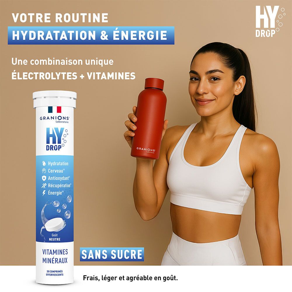 Frau mit roter Wasserflasche und Produktverpackung. „HYDROP“ und „VITAMINES MINÉRAUX“. „SANS SUCRE“ Text.