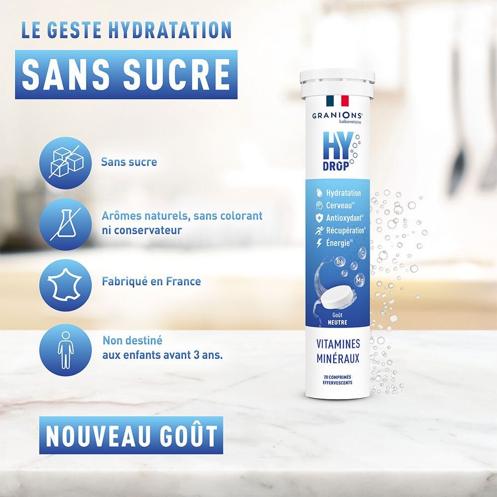 Produktverpackung mit „HYDROP“ und „VITAMINES MINÉRAUX“. Text: „SANS SUCRE“. Hergestellt in Frankreich.