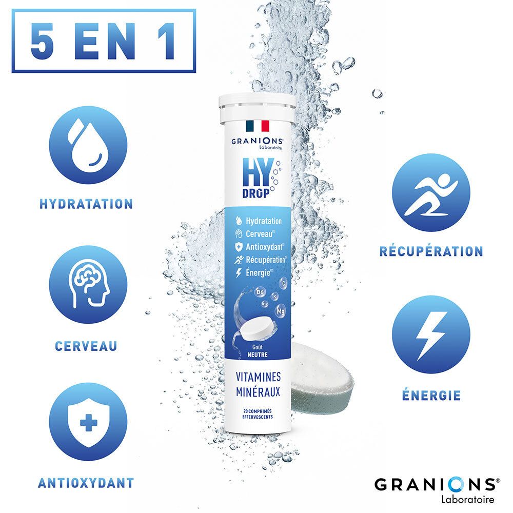 Produktverpackung mit „HYDROP“ und „VITAMINES MINÉRAUX“. 5 in 1 Vorteile. „GRANIONS“ Logo.