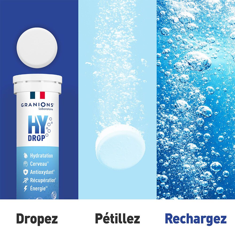 Brausetablette löst sich in Wasser auf. Produktverpackung mit „HYDROP“ und „VITAMINES MINÉRAUX“. Text: „Dropeez, Pétillez, Rechargez“.