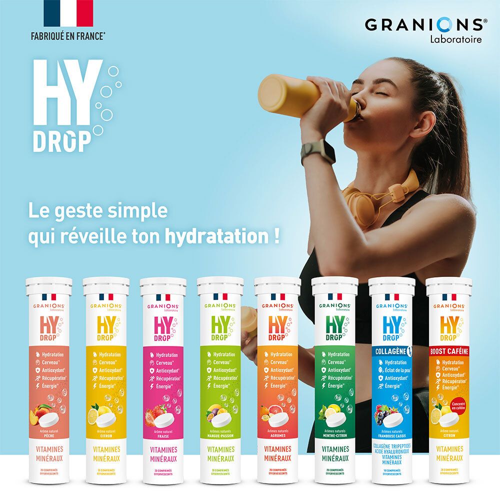 Frau trinkt aus einer Flasche. Reihe von Produktverpackungen mit „HYDROP“ und verschiedenen Geschmacksrichtungen. Hergestellt in Frankreich.