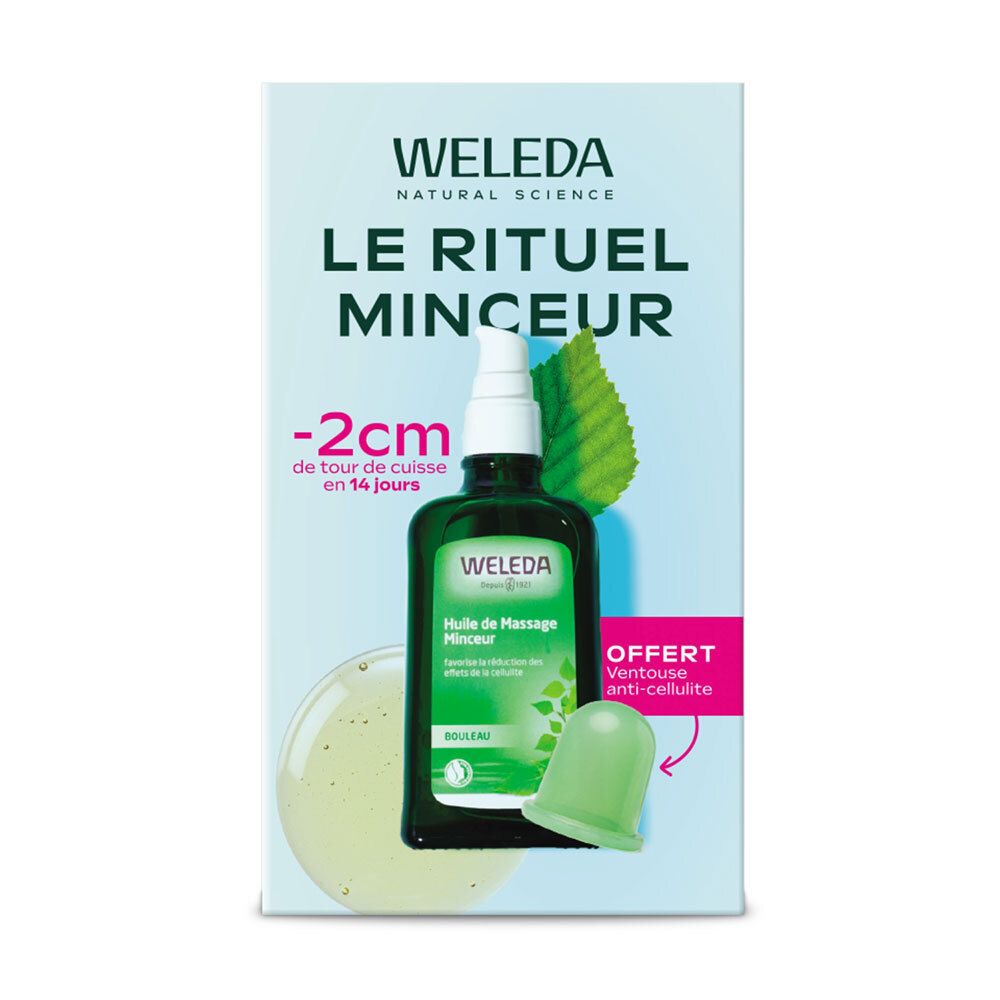 Verpackung mit Produktabbildung. Enthält Massageöl und eine grüne Anti-Cellulite-Vakuumpumpe. Text: WELEDA, Le Rituel Minceur.