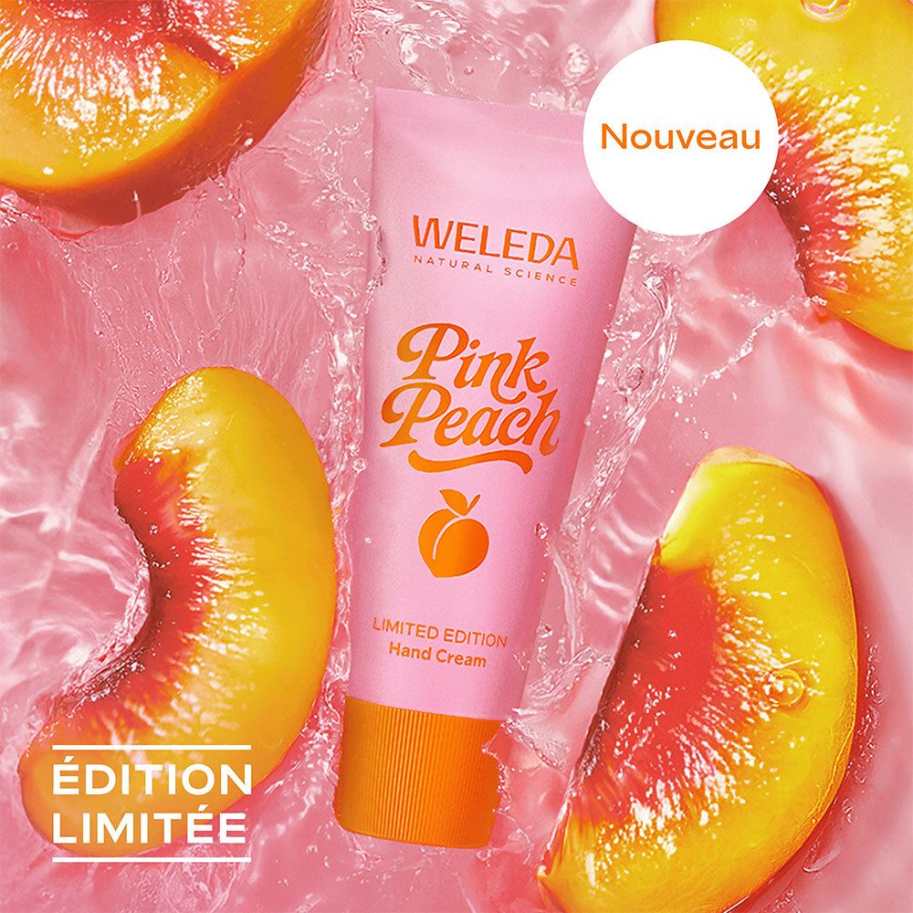 Rosa Tube mit Pfirsichstücken im Wasser. Aufschrift: Pink Peach, Limited Edition Hand Cream.