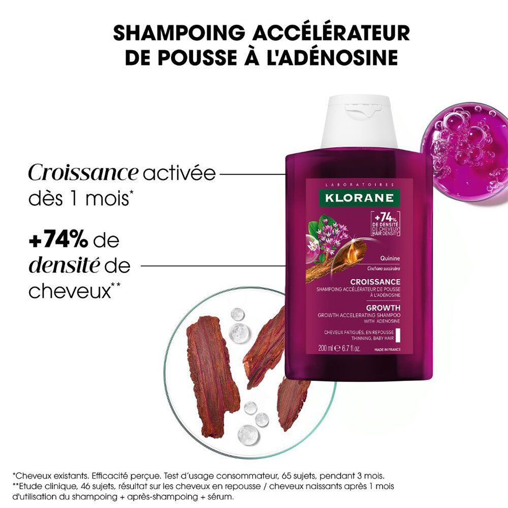 Klorane Croissance Shampoo-Flasche und Zutaten. Text: +74% Haardichte. Inhaltsstoffe: Quinquina, Adenosin.