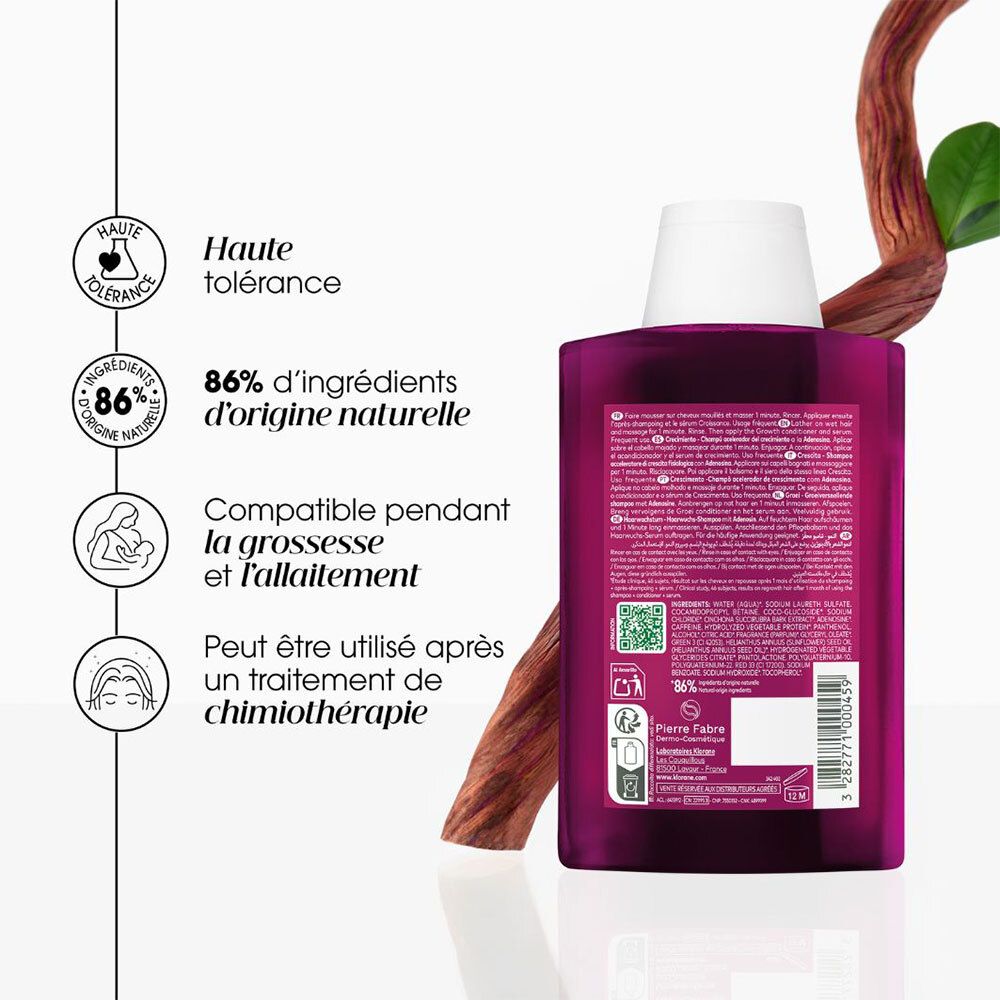 Rückseite der Klorane Croissance Shampoo-Flasche. Text: 86% natürliche Inhaltsstoffe. Geeignet für Schwangerschaft und Stillzeit.
