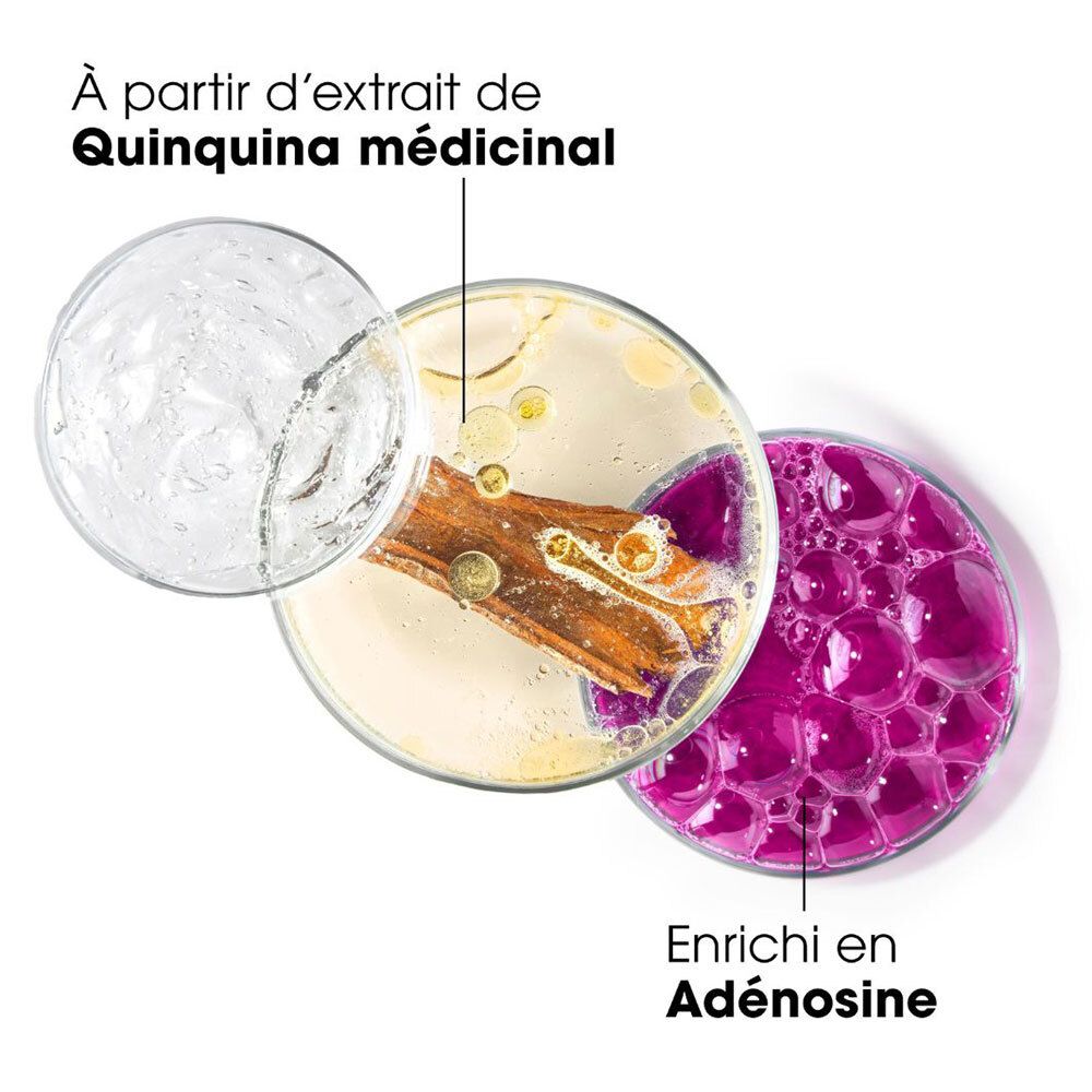 Drei Schalen mit Inhaltsstoffen. Text: Aus medizinischem Quinquina. Angereichert mit Adenosin.
