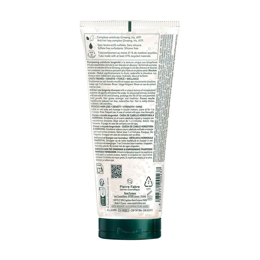Dos du tube de shampooing Furterer Triphasic. Texte multilingue. Bouchon et base verts.
