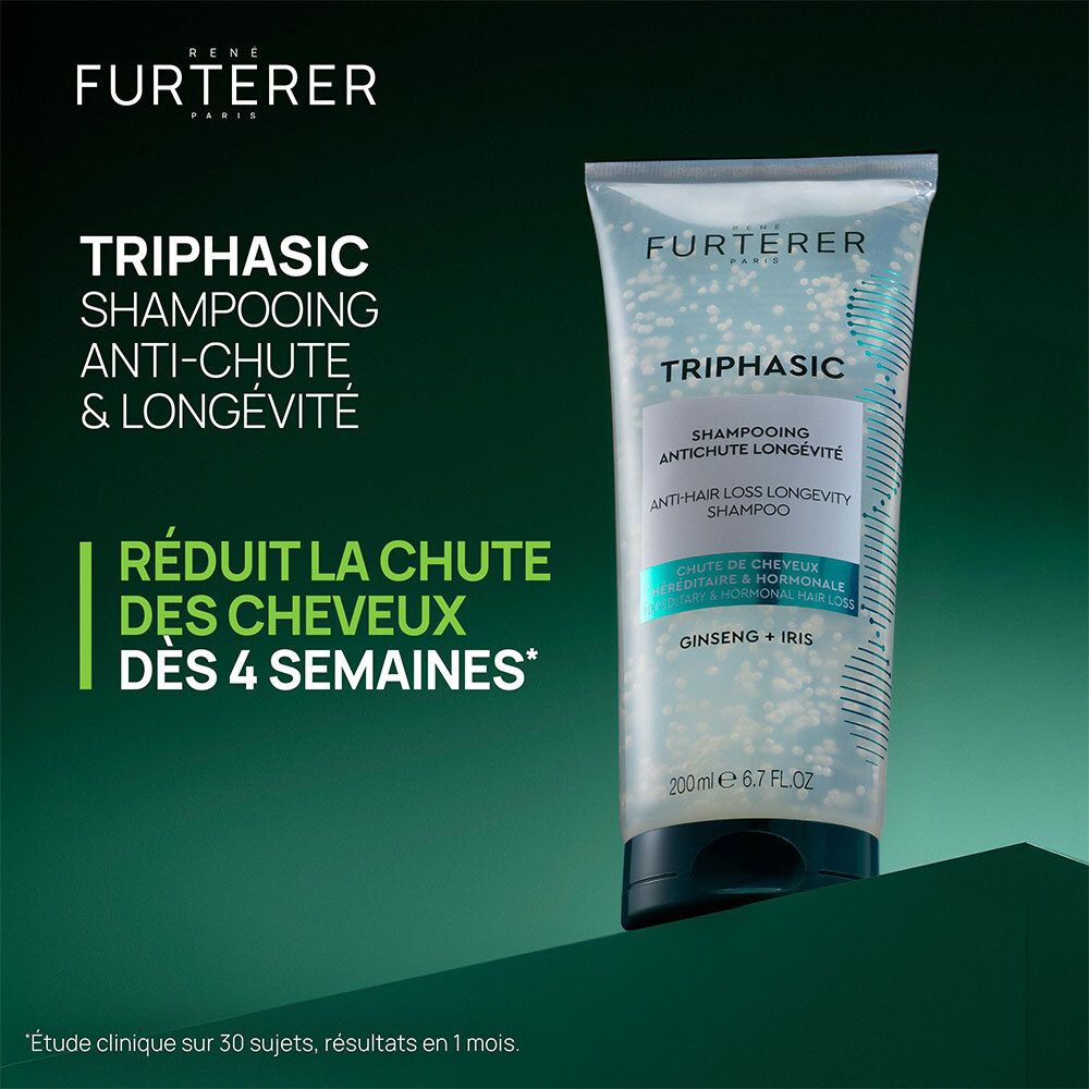 Publicité avec shampooing Furterer Triphasic. Texte: Réduit la chute des cheveux dès 4 semaines. Fond vert.