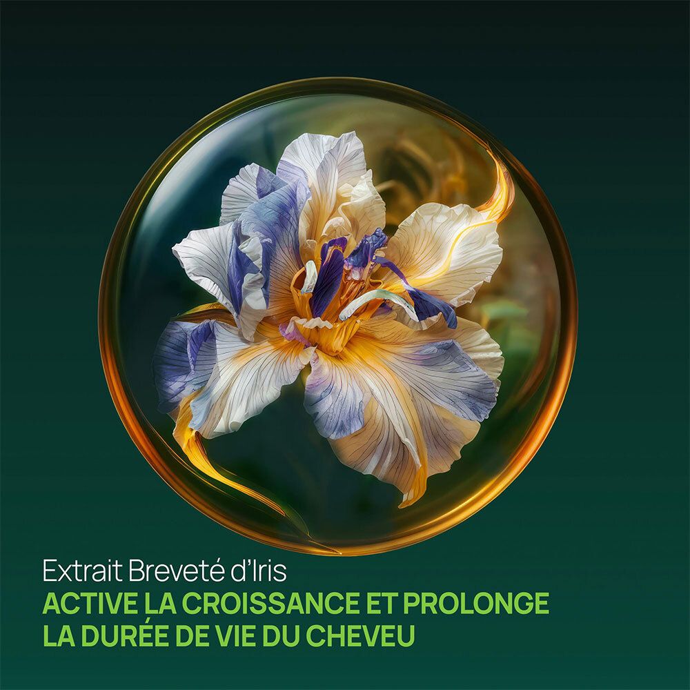 Gros plan d'une fleur dans un cercle doré. Texte: Active la croissance et prolonge la durée de vie.
