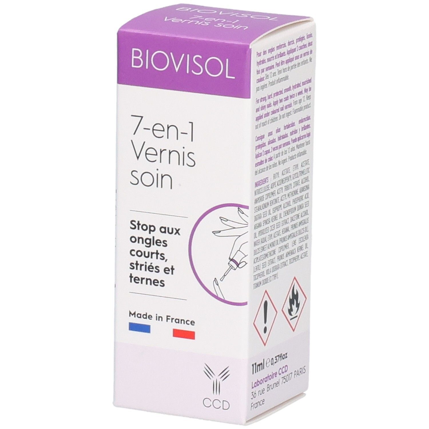 Verpackung von BIOVISOL 7-en-1 Vernis soin. Aufdruck: 7-en-1 Vernis soin, Stop aux ongles courts, striés et ternes. Mit französischer Flagge.