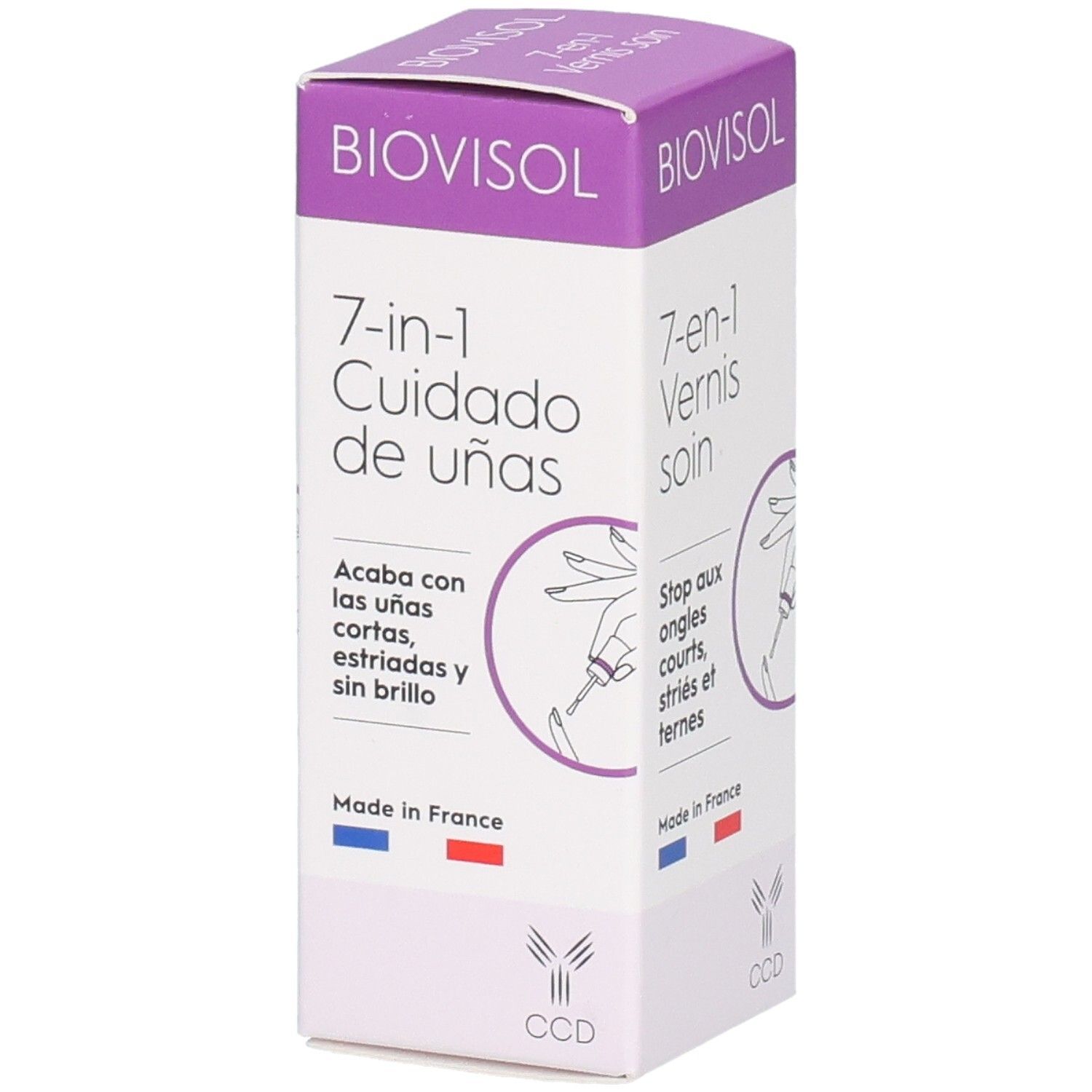BIOVISOL 7-en-1 Cuidado de uñas Verpackung. Aufdruck: 7-en-1 Cuidado de uñas, Acaba con las uñas cortas, estriadas y sin brillo. Mit französischer Flagge.