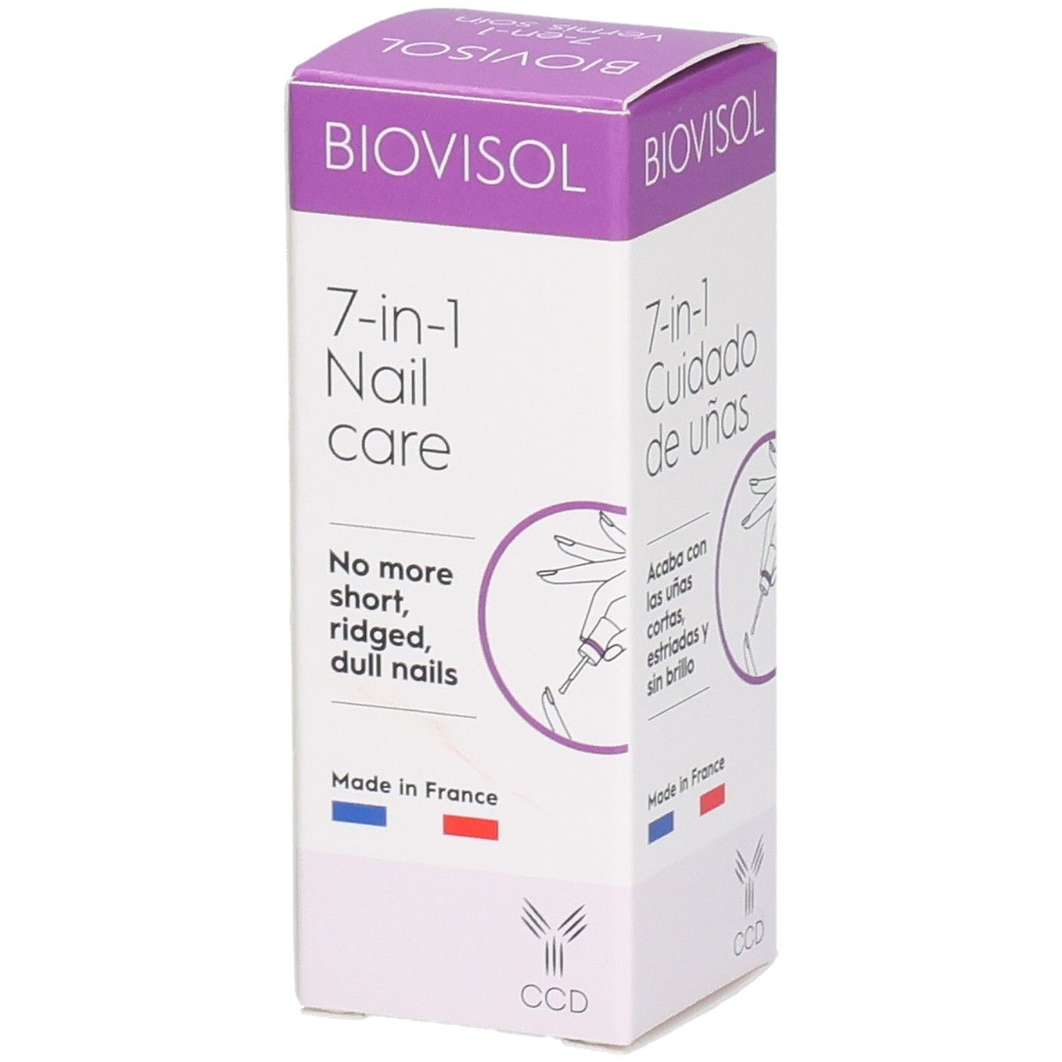 BIOVISOL 7-en-1 Nail care Verpackung. Aufdruck: 7-en-1 Nail care, No more short, ridged, dull nails. Mit französischer Flagge.