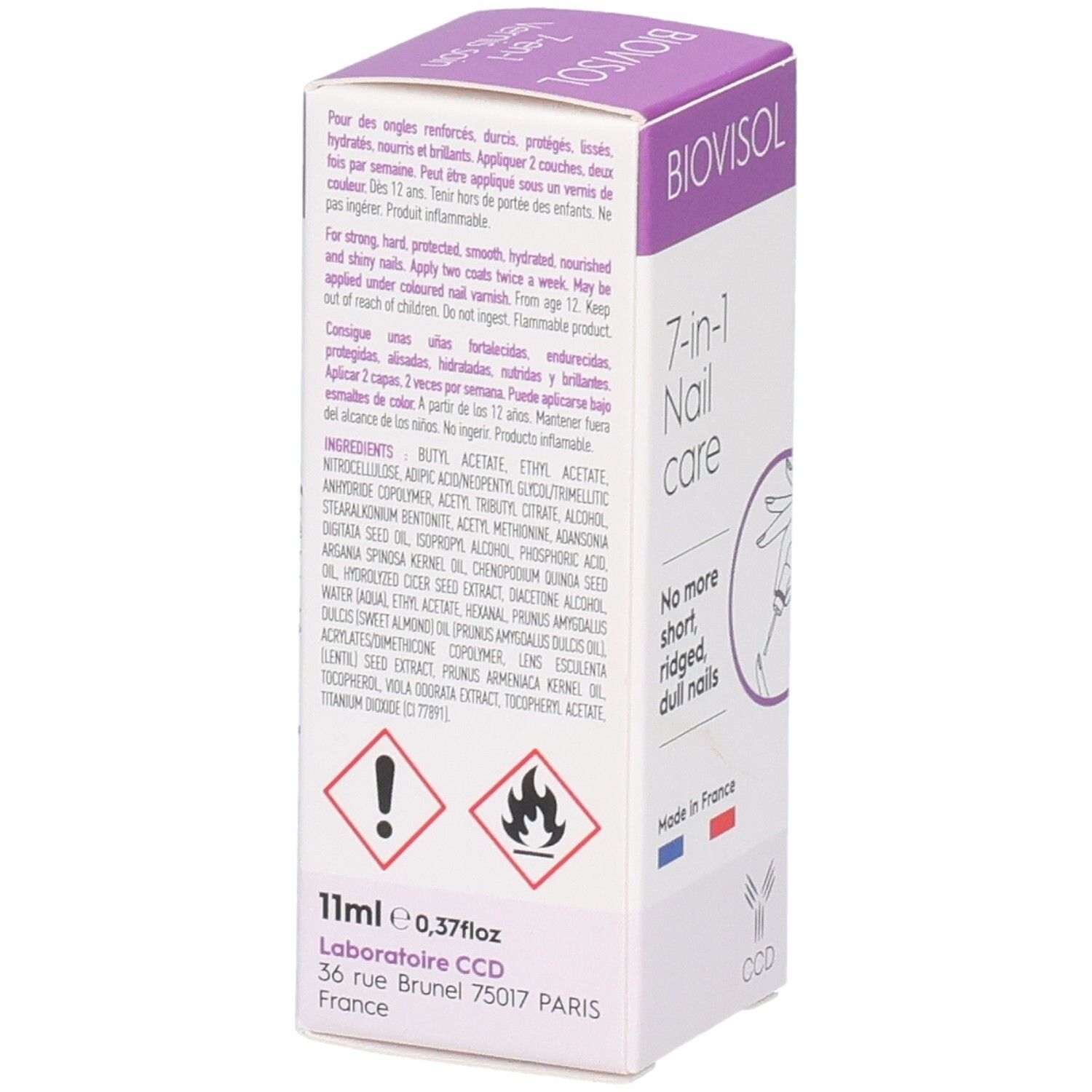 BIOVISOL 7-en-1 Nail care Verpackung. Rückseite mit Inhaltsstoffen und Warnhinweisen. Aufdruck: 11ml, 0,37fl oz. Laboratoire CCD.