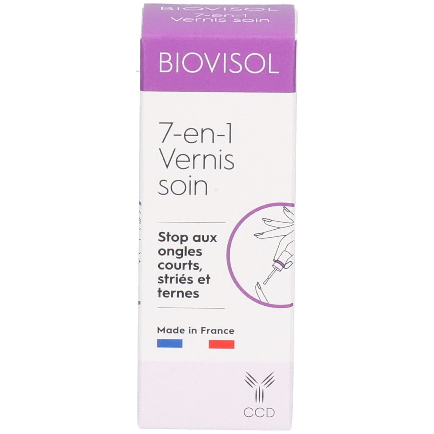 BIOVISOL 7-en-1 Vernis soin Verpackung. Aufdruck: 7-en-1 Vernis soin, Stop aux ongles courts, striés et ternes. Mit französischer Flagge.