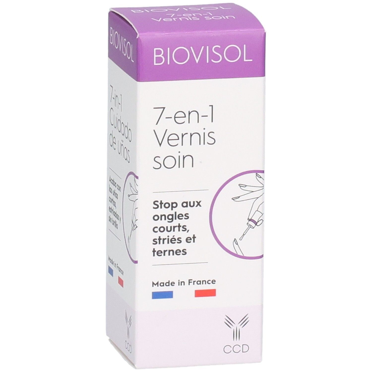 BIOVISOL 7-en-1 Vernis soin Verpackung. Aufdruck: 7-en-1 Vernis soin, Stop aux ongles courts, striés et ternes. Mit französischer Flagge.