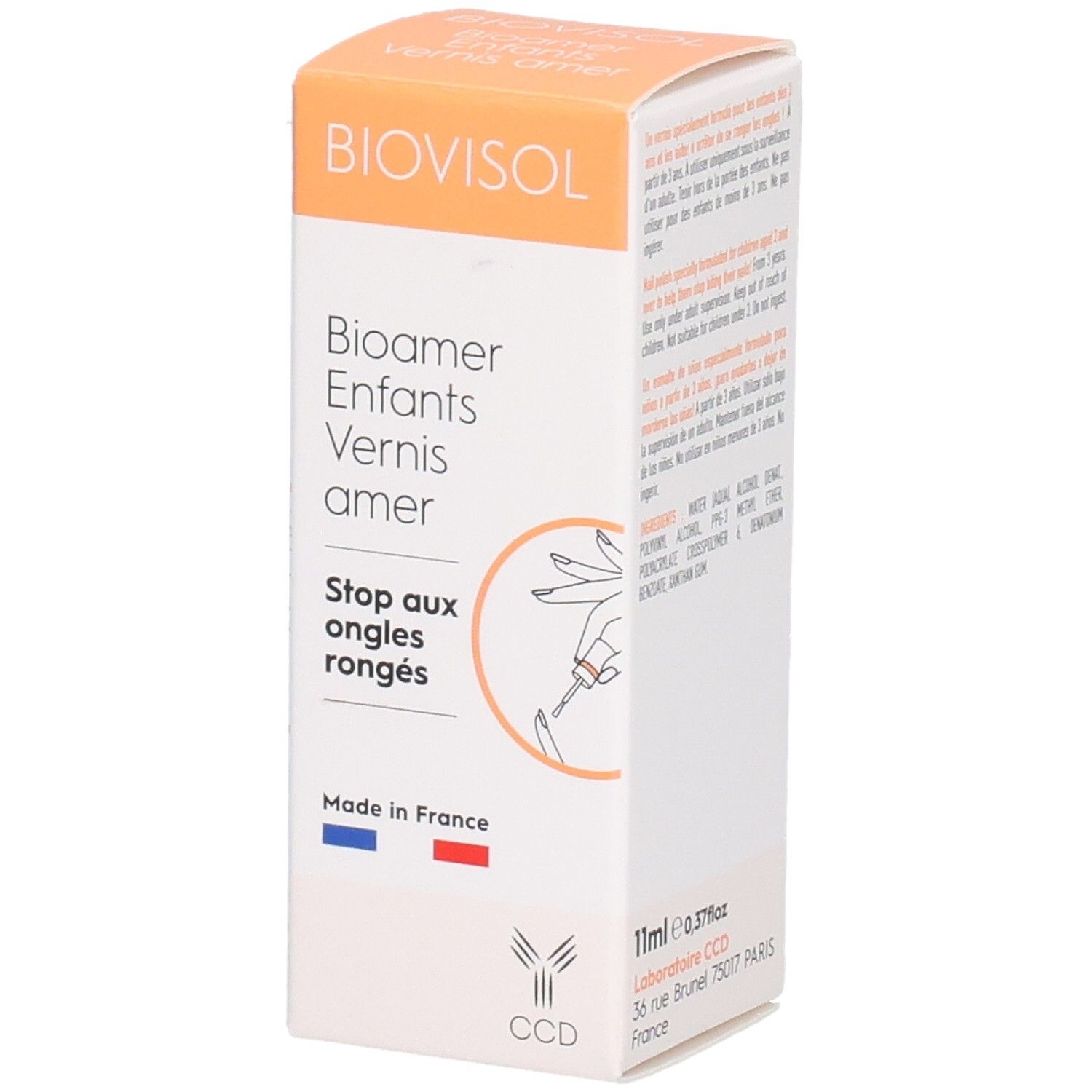 Boîte BIOVISOL, BIOAMER VERNIS ENF 10ML. Drapeau français et logo. Texte: Stop aux ongles rongés. Contient 11ml.
