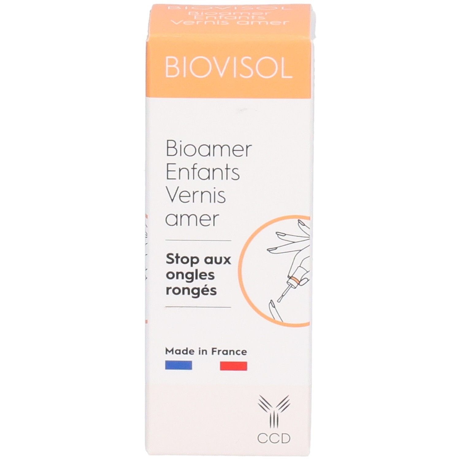 Boîte BIOVISOL, BIOAMER ENFANTS VERNIS AMER. Texte: Stop aux ongles rongés. Drapeau français et logo.