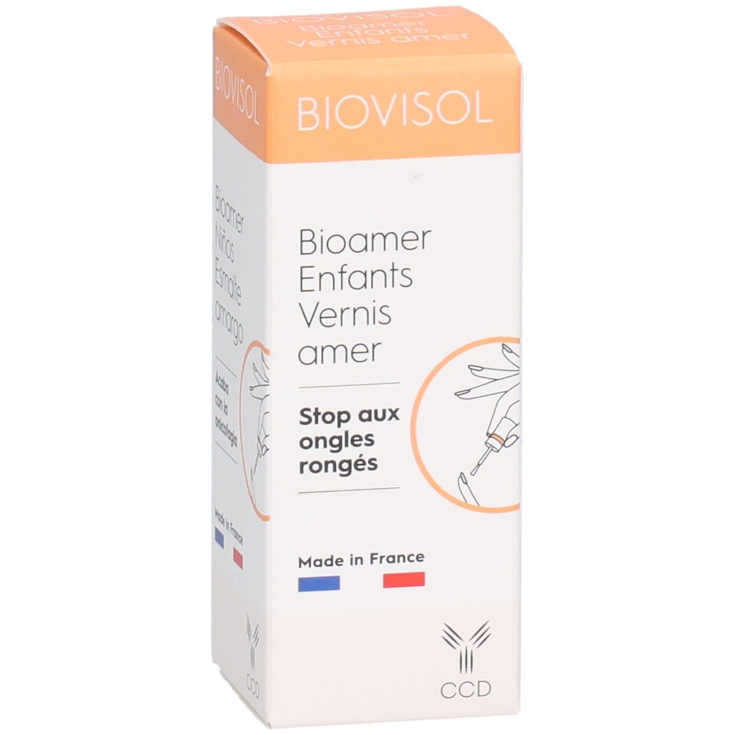 Boîte BIOVISOL, BIOAMER ENFANTS VERNIS AMER. Texte: Stop aux ongles rongés. Drapeau français et logo.