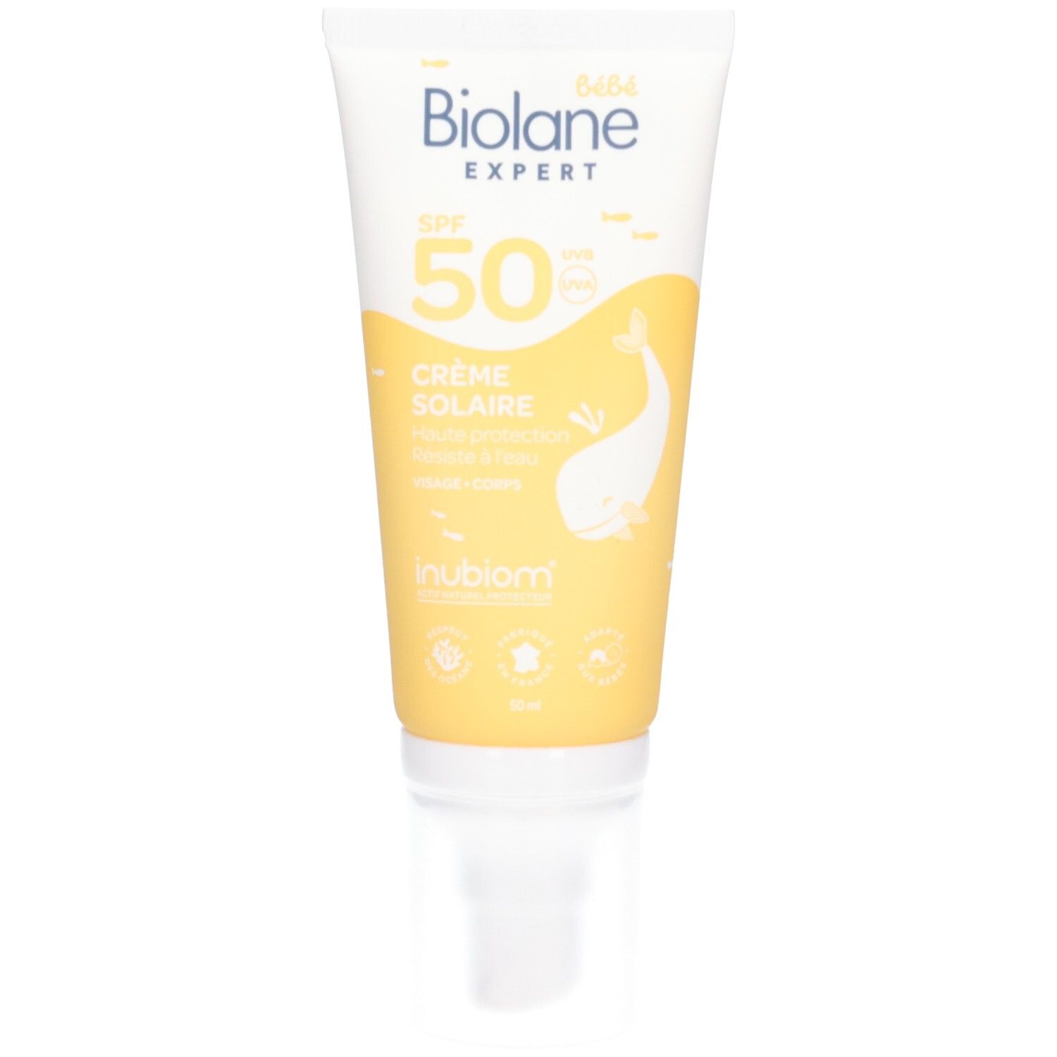 Creme-Tube mit gelbem Hintergrund. Aufschrift: Biolane Expert, SPF 50, Crème Solaire. Abbildung eines Wals.
