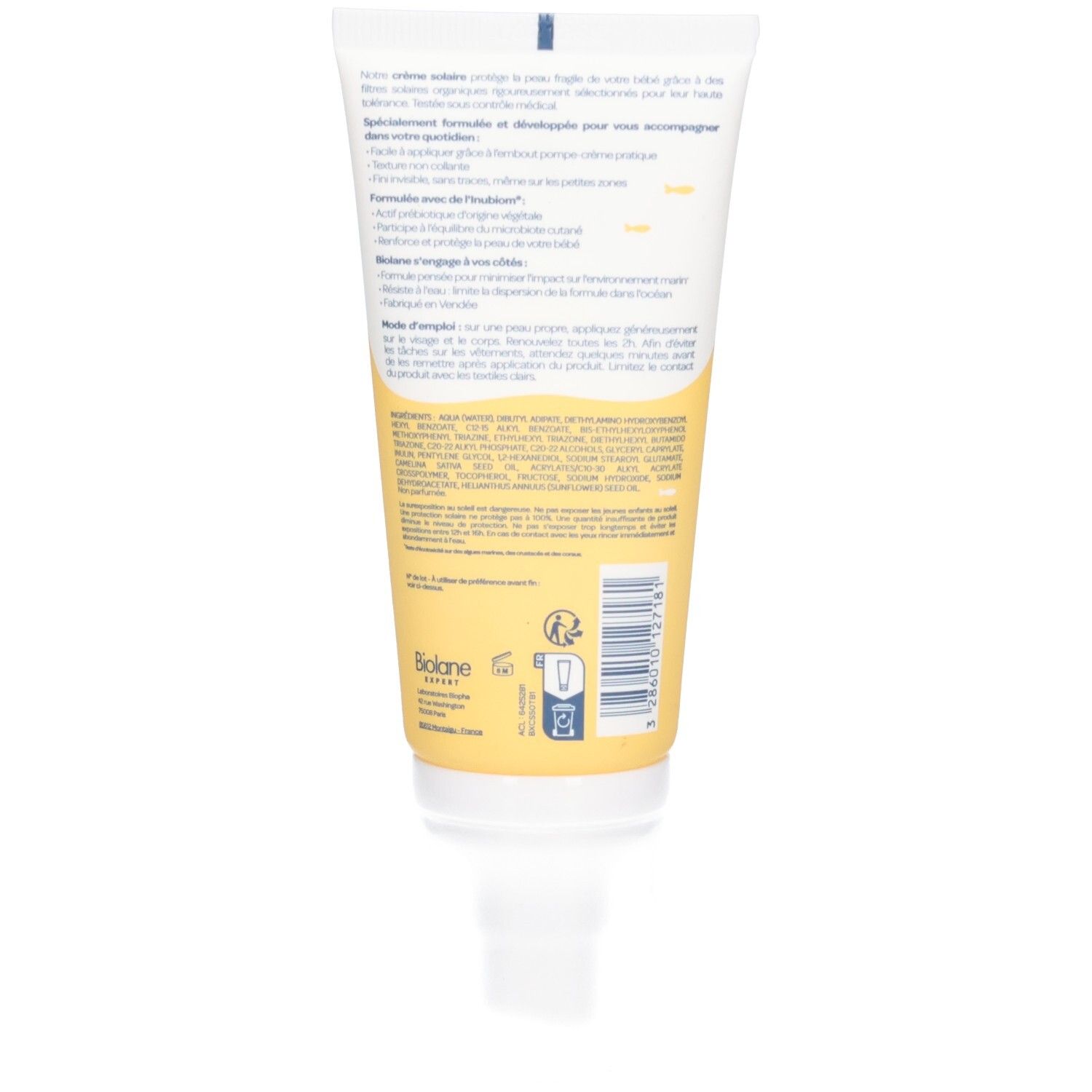Rückseite der Creme-Tube. Text in mehreren Sprachen. Gelber Hintergrund. Informationen über das Produkt.