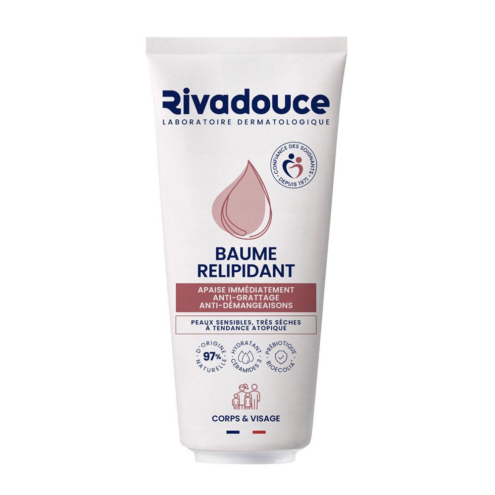 Weisse Tube mit Rivadouce-Logo und Produktbezeichnung. Rosa Tropfen-Symbol. Text: Baume Relipidant, Anti-Juckreiz, für empfindliche Haut.