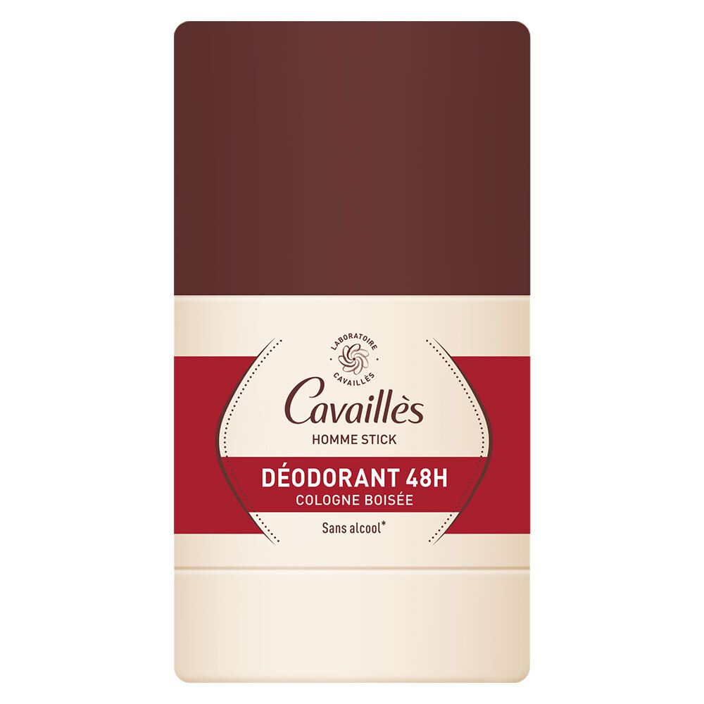 Deostick mit braunem Deckel. Aufschrift: Cavaillès, Homme Stick, Déodorant 48H, Cologne Boisée, Sans alcool.