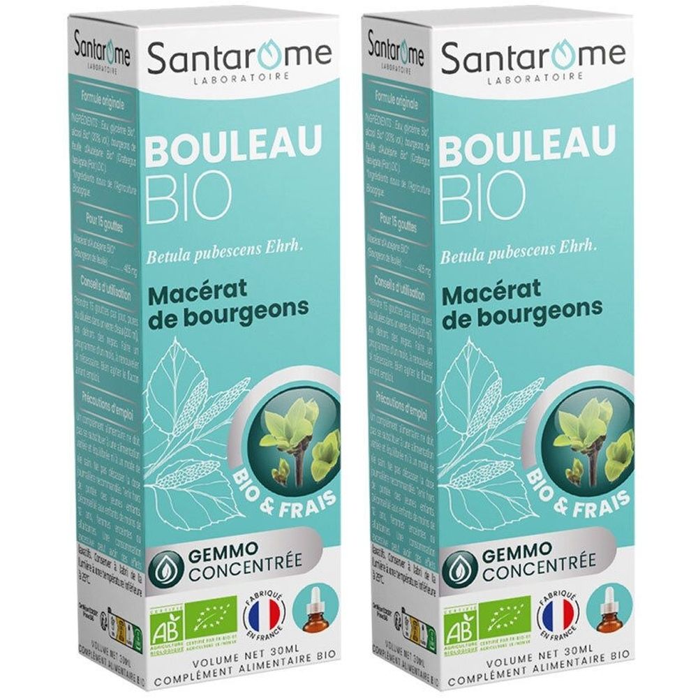 Deux boîtes SANTAROME Bouleau Bio. Design turquoise et blanc. Nom du produit, logo bio et volume net de 30ml.