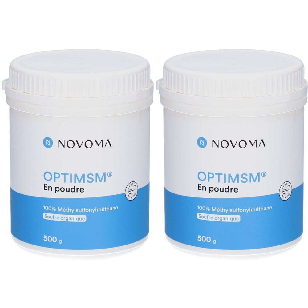 Deux pots blancs avec bande bleue. Inscription: NOVOMA, OPTIMSM En poudre, 100% Méthylsulfonylméthane, Soufre organique, 500 g.