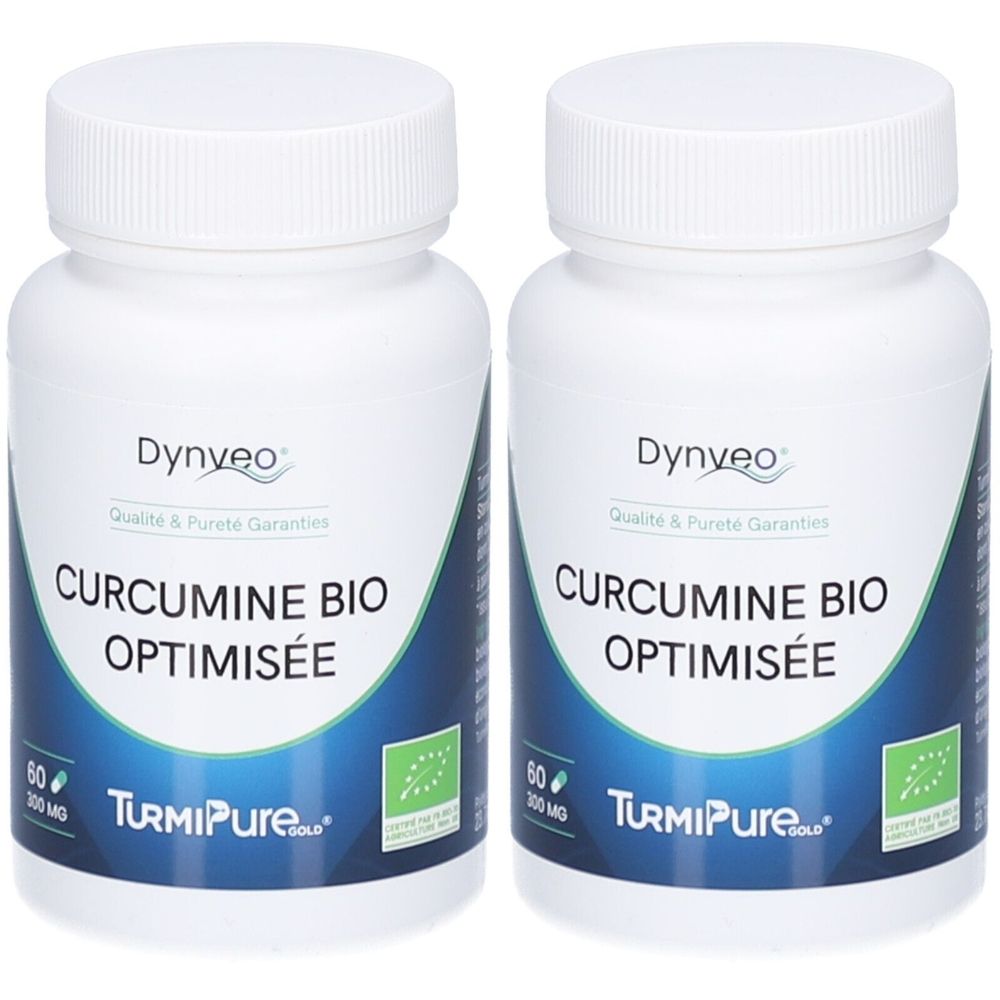 Zwei weiße Flaschen mit Kapseln. Aufschrift: CURCUMINE BIO OPTIMISÉE, Dynveo, TurmiPure Gold. Mit Bio-Siegel.