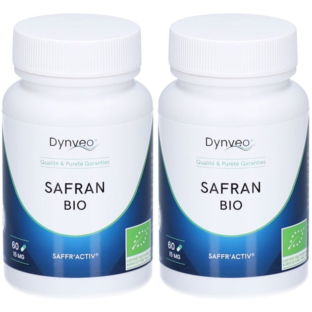 Zwei weiße Flaschen mit Schraubverschluss. Aufschrift: Dynveo Safran Bio. Mit Bio-Siegel. Enthält 60 Kapseln.
