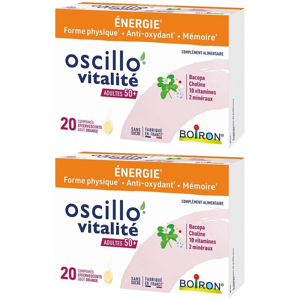 Zwei Packungen Oscillo Vitalité, Nahrungsergänzungsmittel für Erwachsene 50+. Enthält 20 Brausetabletten mit Orangengeschmack. Marke Boiron.