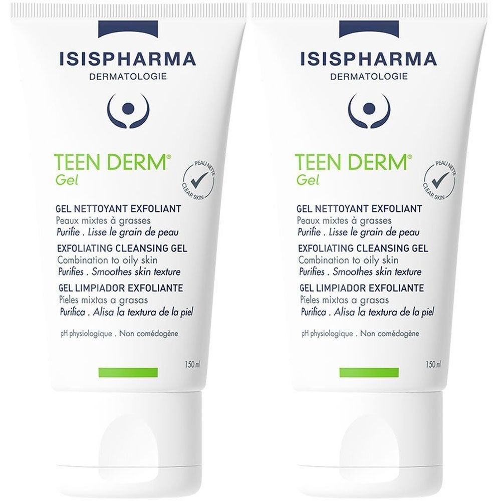 Deux tubes de Teen Derm Gel, blanc avec texte vert et bleu. Inscription: ISISPHARMA, Gel nettoyant exfoliant, 150ml.