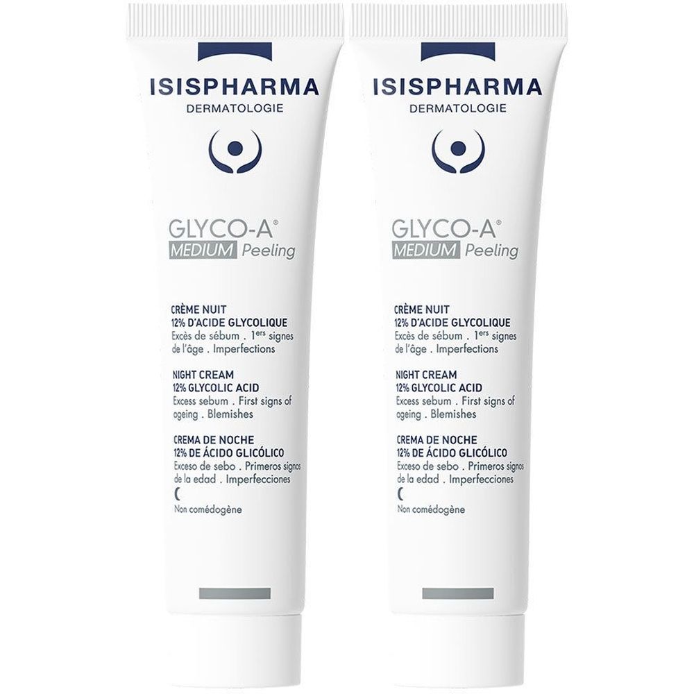 Zwei Tuben ISISPHARMA Glyco-A Medium Peeling. Weiße Tuben mit blauer Schrift. Text: Creme Nuit, 12% Glykolsäure, Nachtcreme.