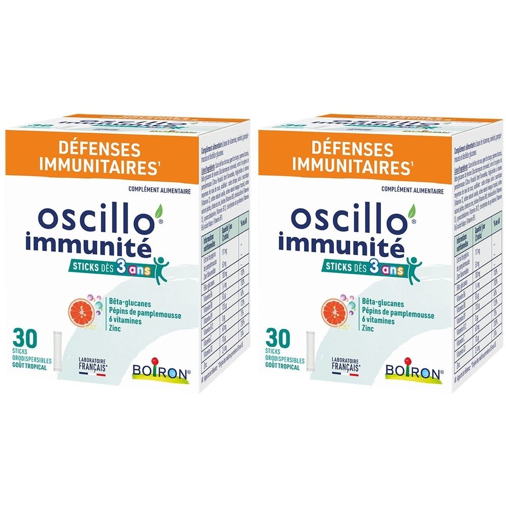 Deux boîtes de « Défenses Immunitaires » et « oscillo immunité ». Contient 30 sticks. Marque Boiron.