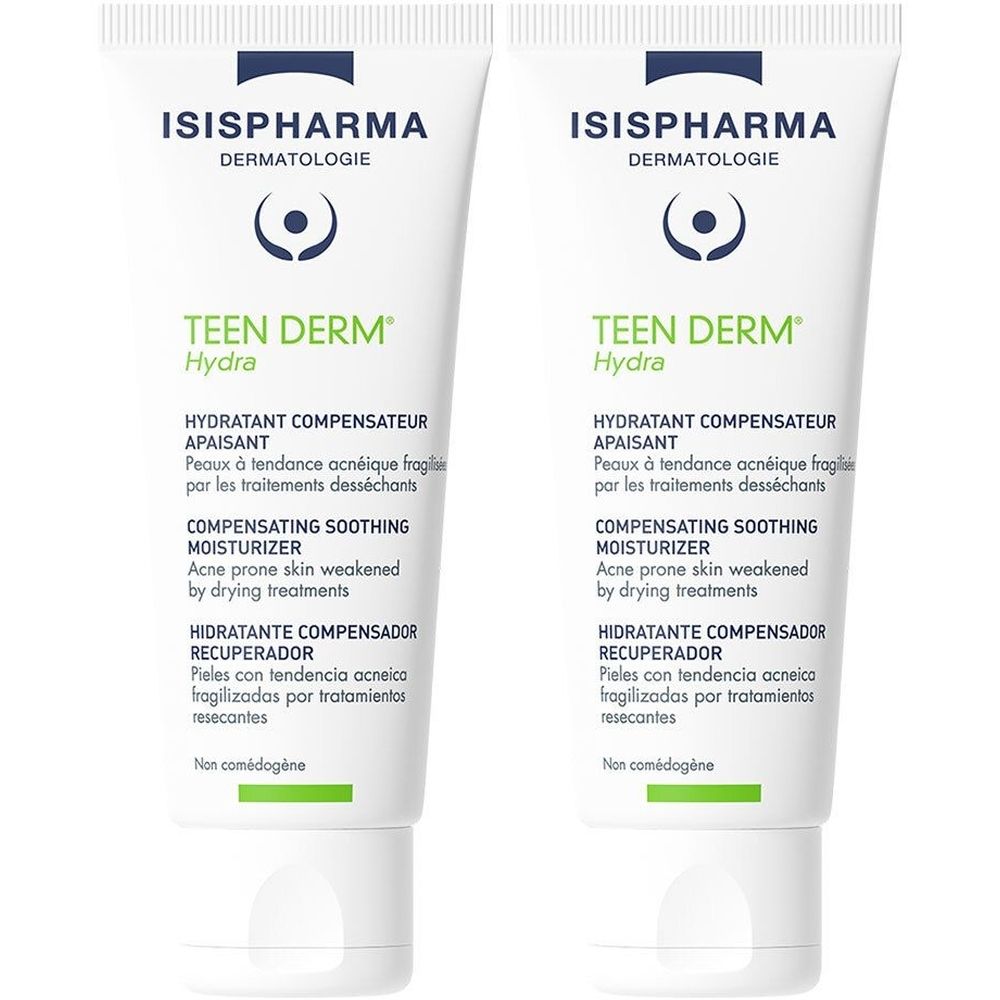 Deux tubes de Teen Derm Hydra. Tubes blancs avec texte vert et bleu. Contient le texte: COMPENSATING SOOTHING MOISTURIZER.