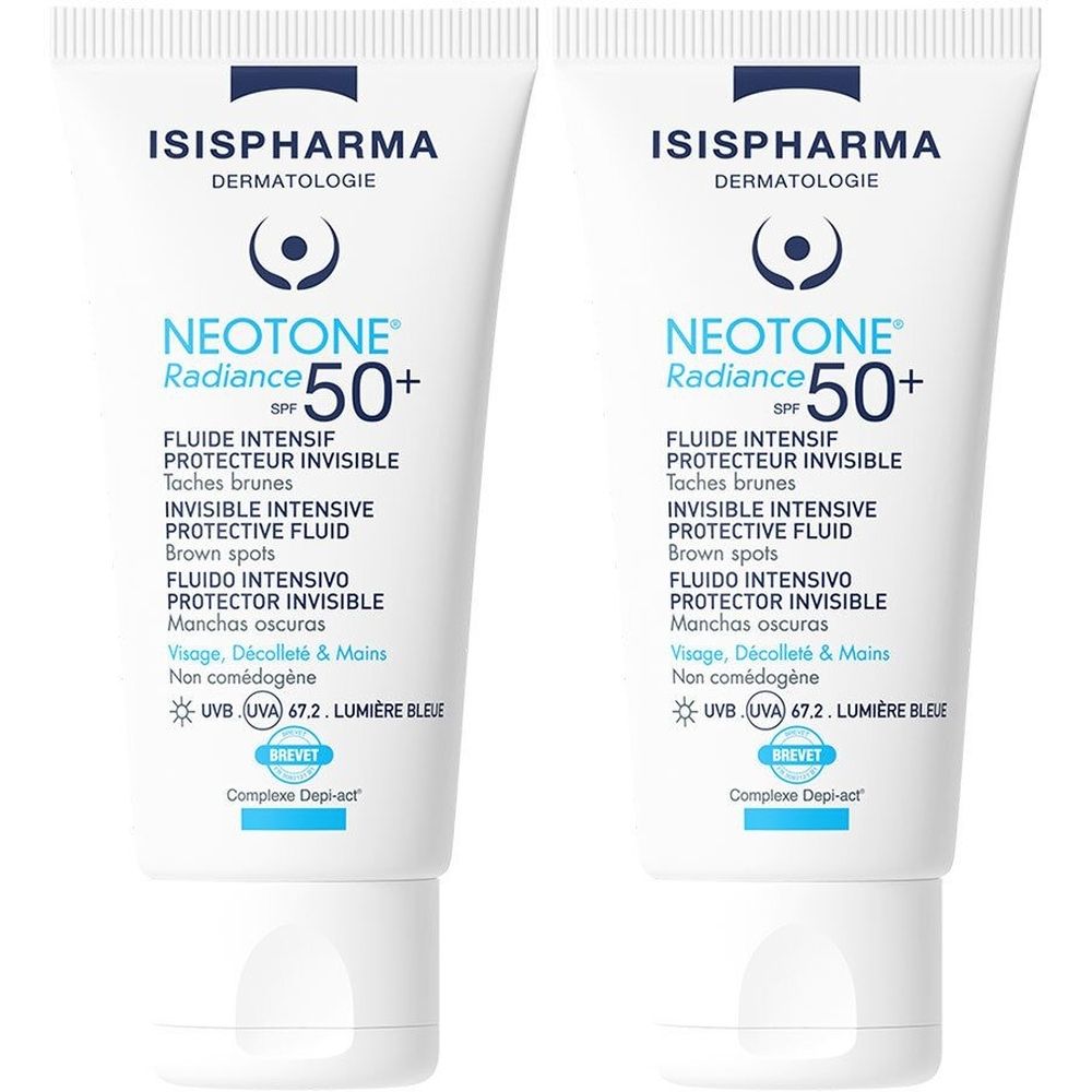 Zwei Tuben ISISPHARMA Neotone Radiance SPF50+. Weiße Tuben mit blauer Schrift. Enthält Text in mehreren Sprachen.