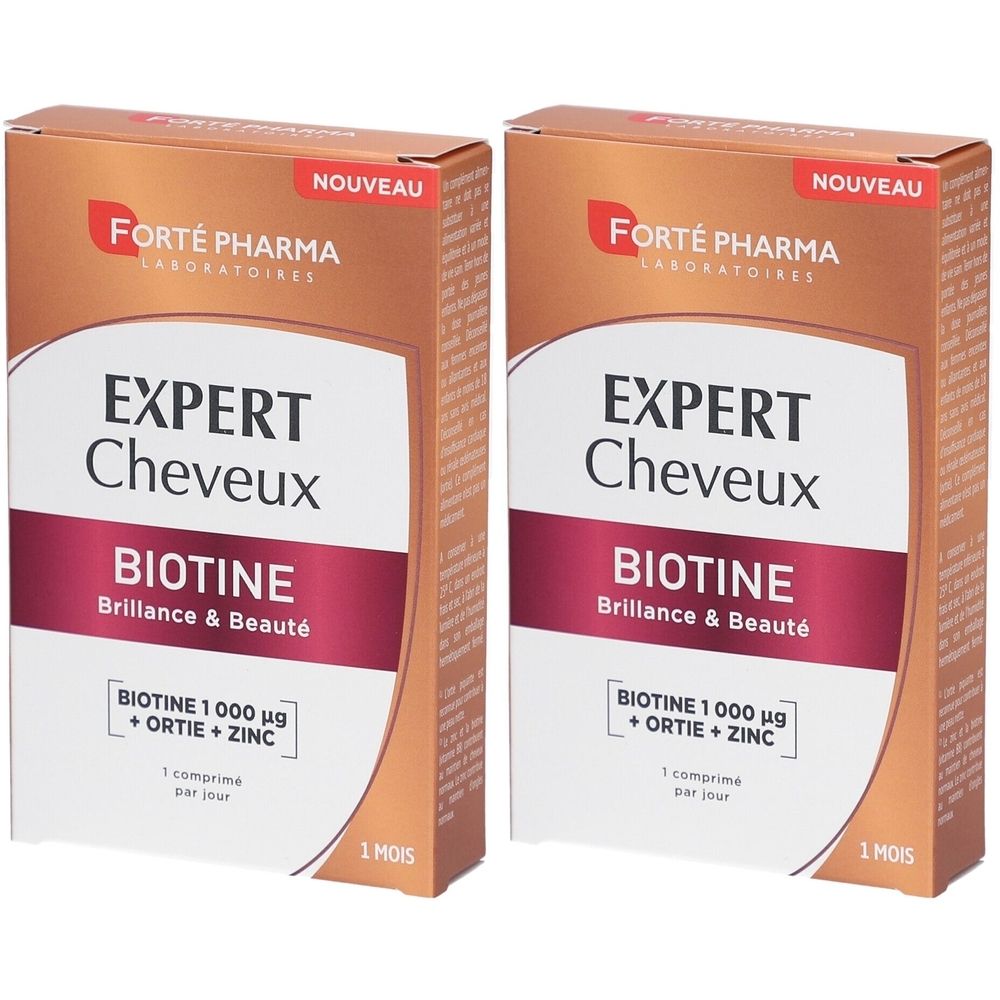 Zwei Schachteln FORTE PHARMA Expert Cheveux Biotine. Aufschrift: Expert Cheveux, Biotine, Brillance & Beauté. Mit Zink und Ortiga.