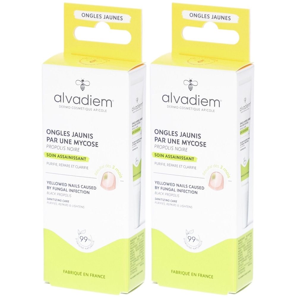 Zwei weiße Kartons mit gelben Akzenten. Aufschrift: alvadiem, Ongles Jaunis par une Mycose, Soin Assainissant. Gelbe Aufhänger.