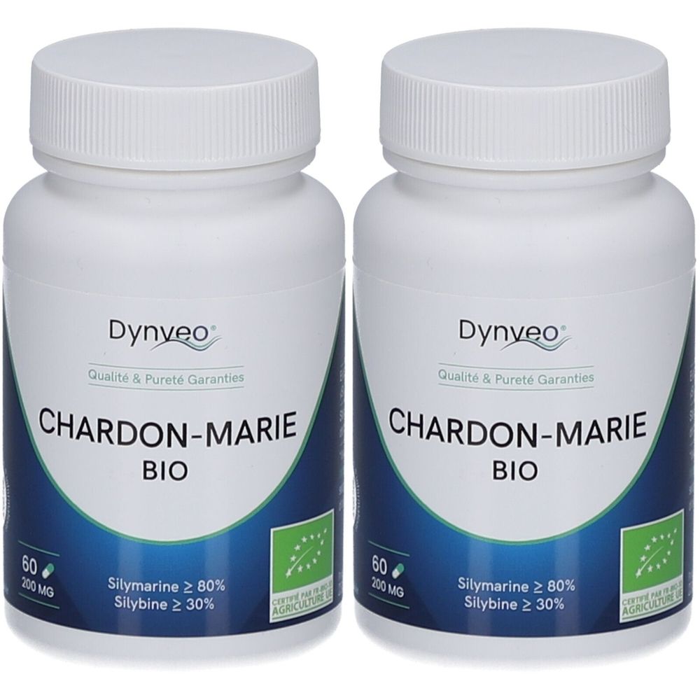 Zwei weiße Flaschen mit dem Aufdruck DYNVEO Chardon-Marie Bio. Auf jeder Flasche sind 60 Kapseln mit 200 mg Silymarin enthalten.
